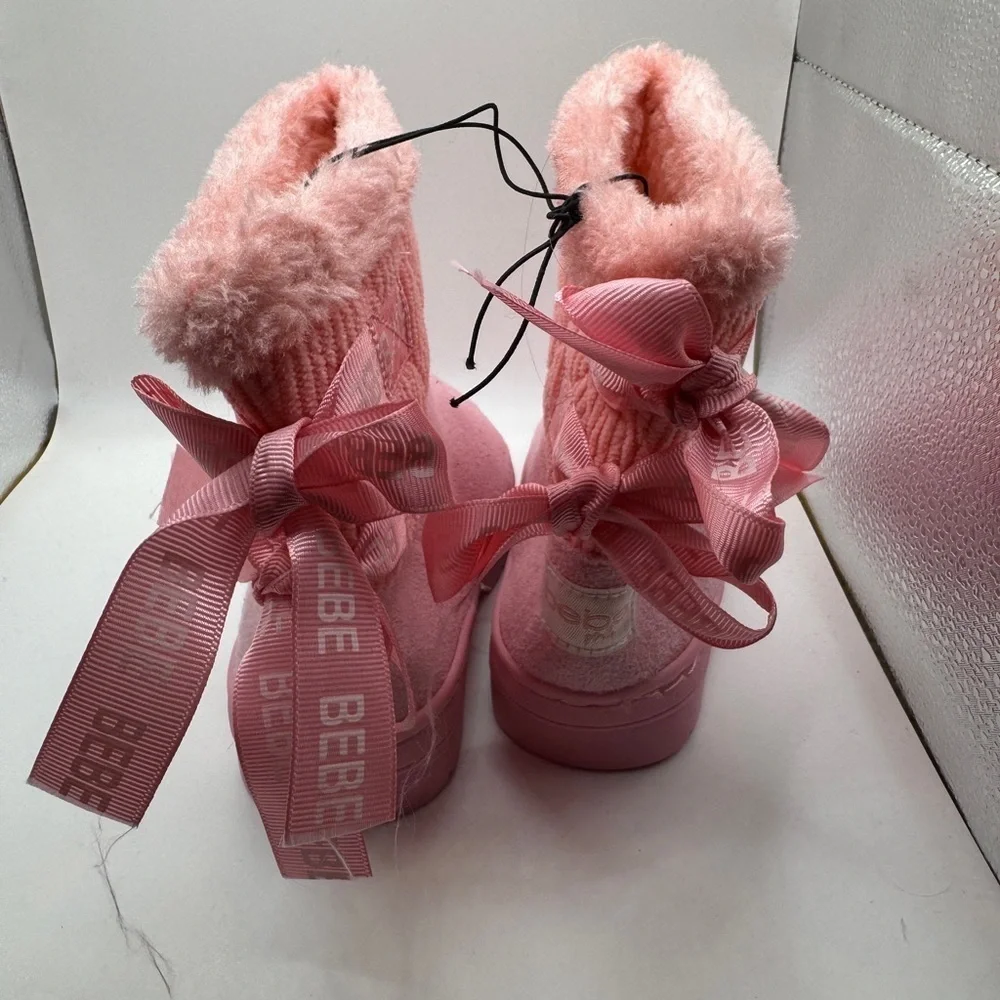 NWT Bebe Toddler Girl Size 7 Pink Ribbon Detail Faux Fur Lined Winter Boots